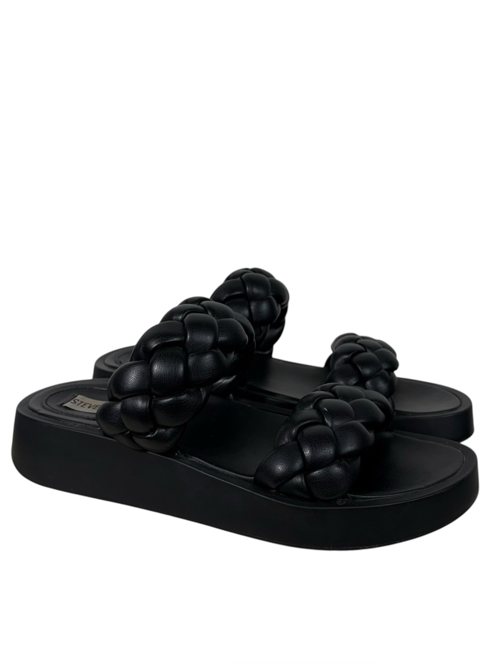 Steve Madden Black Faux Leather 2 Braided Strap Slip On Platform Sandals Travel